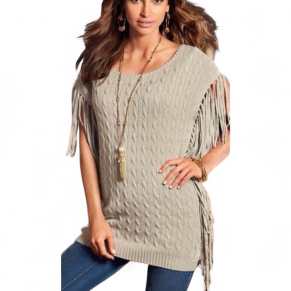 Boston Proper Fringe Cable-knit Tunic Sweater Size Medium